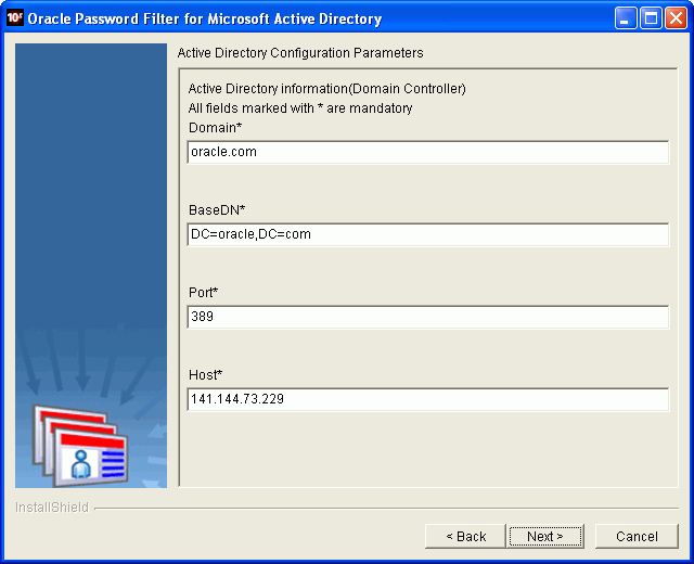 Oracle Password Filter for AD installer screen