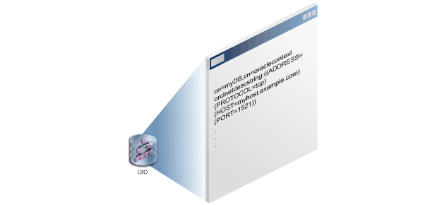 Technical illustration showing database connection information stored in Oracle Internet Directory