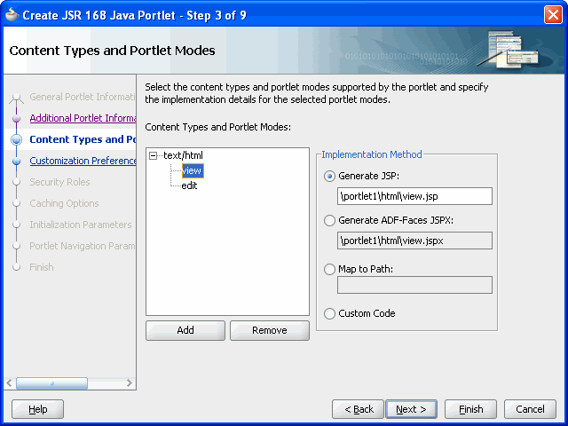 Shows Content Types and Portlet Modes page.