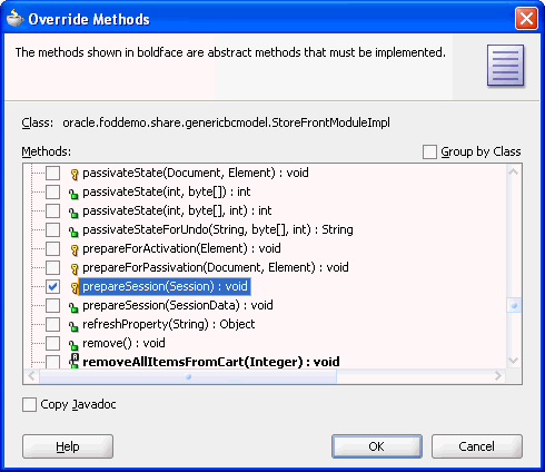 Image of Override Methods dialog