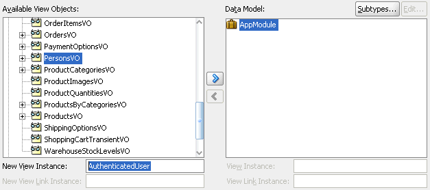 Data Model page of Create Application Module wizard.