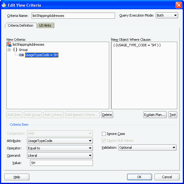 View Criteria Editor Control Hints tab