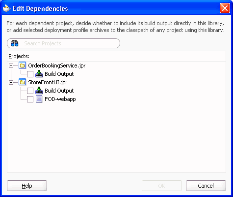 ADF Deployment Profile Edit Dependencies dialog.