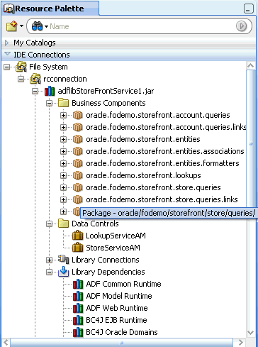 Resource Palette for ADF Library and tool tip.