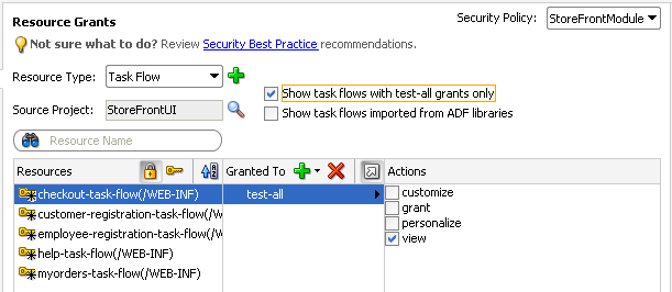 Shows test-all grants in ADF policy editor