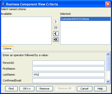 Business Component View Criteria dialog