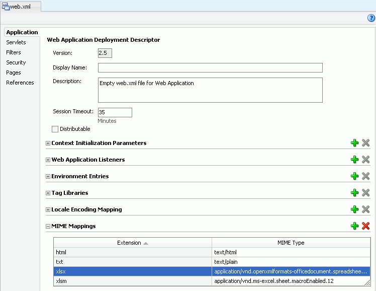 Displays Application page of deployment descriptor.