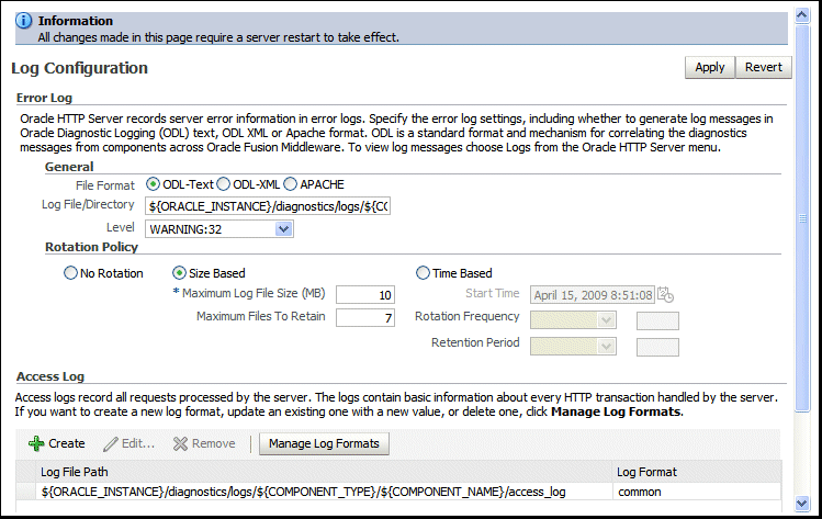 Log configuration screen