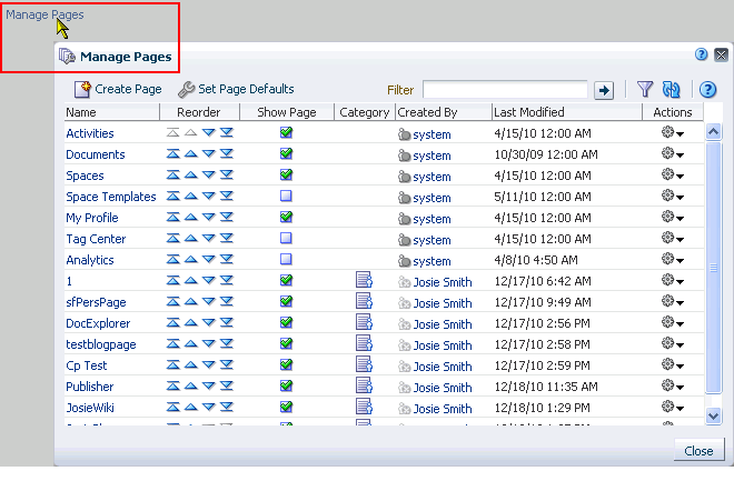 Manage Page link and dialog