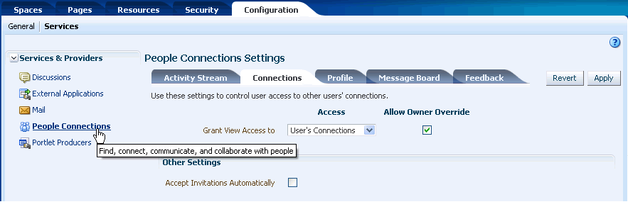 Configuration settings for People Connections service