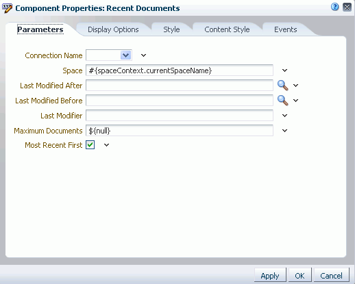 Recent Documents Task Flow Component Properties