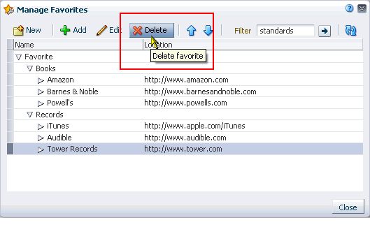 Delete button in Manage Favorites dialog