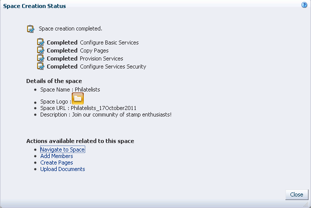 Space Creation Status Dialog