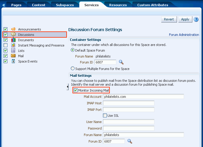 Space Discussion Forum Settings: Mail