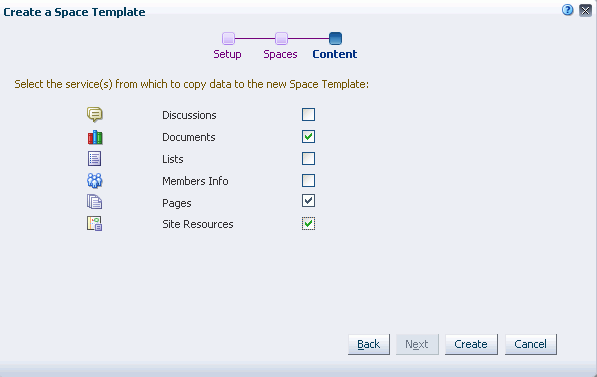 Create a Space Template Dialog: Content Step