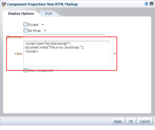 Sample JavaScript in HTML Markup component