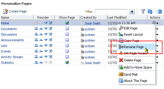 Rename Page option on Actions menu