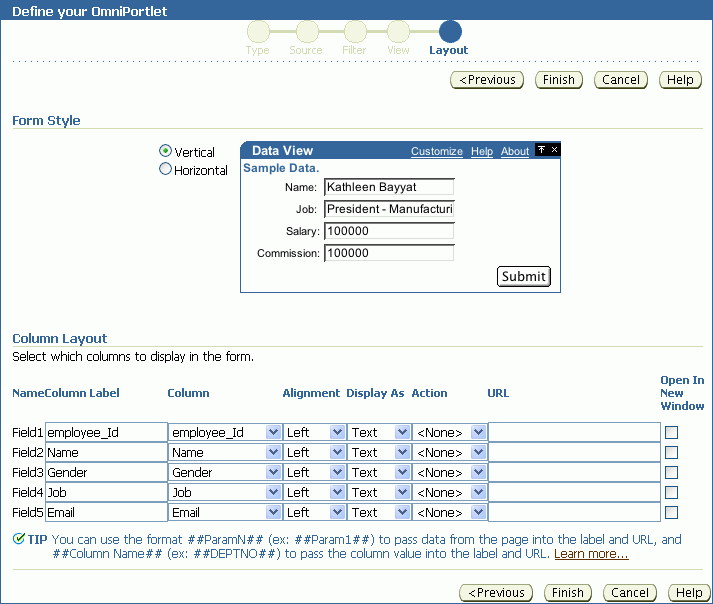 Layout tab with Form layout options