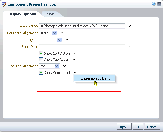Expression Builder option next to Show Component