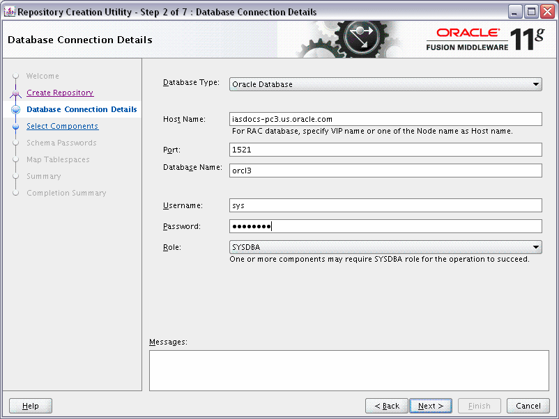 rcu database connection details screen