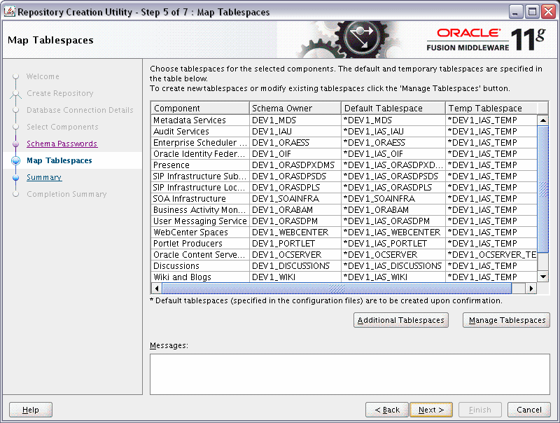 rcu map tablespaces screen