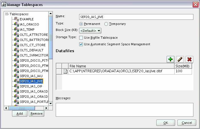 maange tablespaces screen