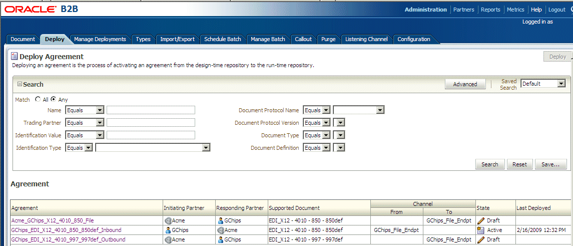 The Deploy tab-lists valid agreements
