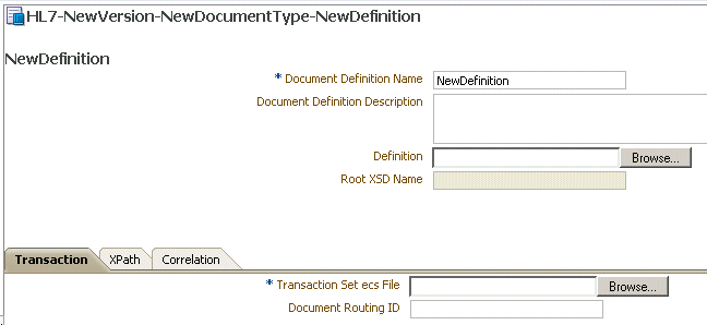 Document definition parameters for an HL7 document