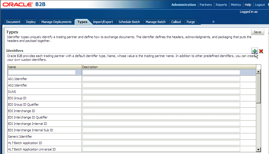 Identifier types available in Oracle B2B