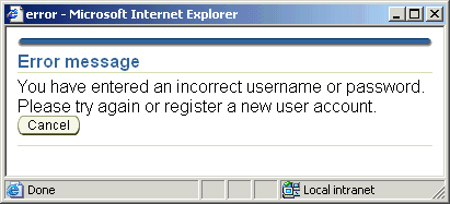 Error message displayed in a popup dialog