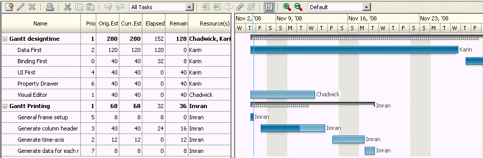 Project gantt for a software application.