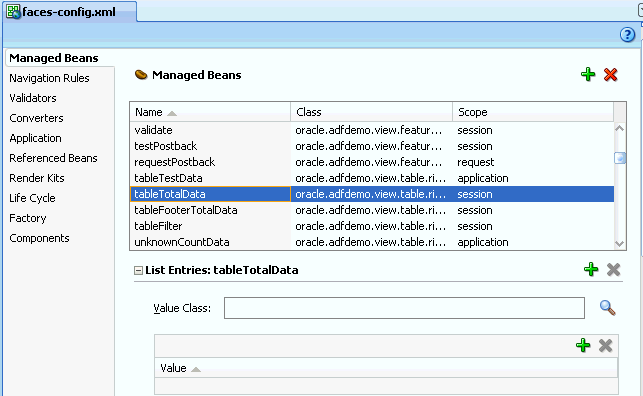 The JSF Configuration Editor shows all the managed beans