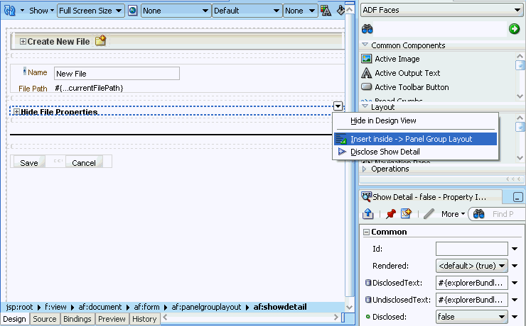 JSF page displayed in Design editor