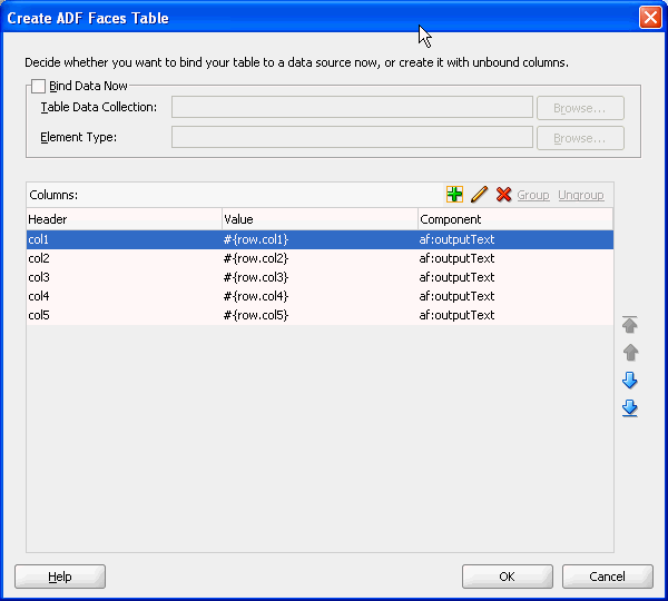 Table wizard used to create ADF Faces tables