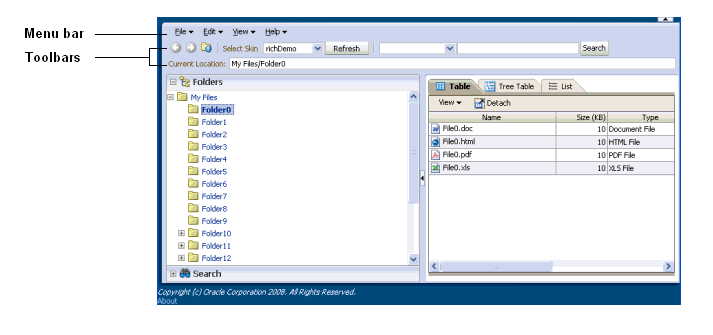 File Explorer demo has menus and toolbar buttons