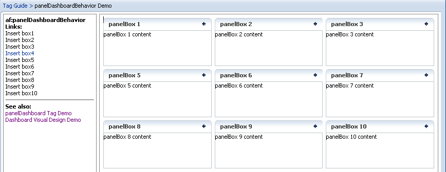 panelDashboardBehavior tag for links