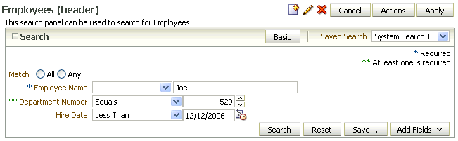 ADF Faces query component with three search criteria