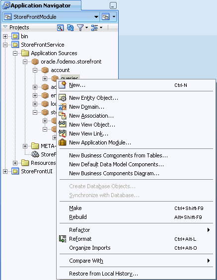 Context menu options in Application Navigator