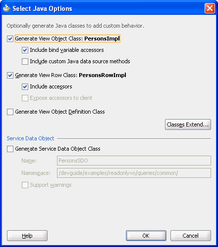 Select Java options dialog