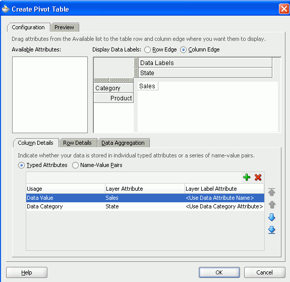 Pivot table data binding dialog