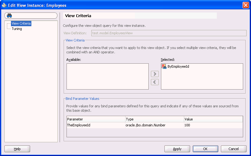 View criteria filters view object instance