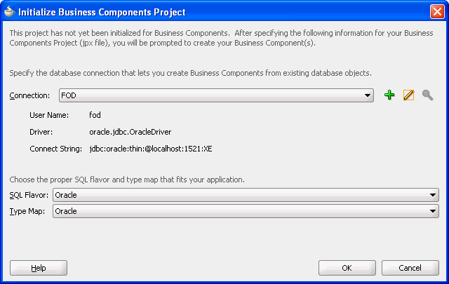Initialize Business Components Project dialog