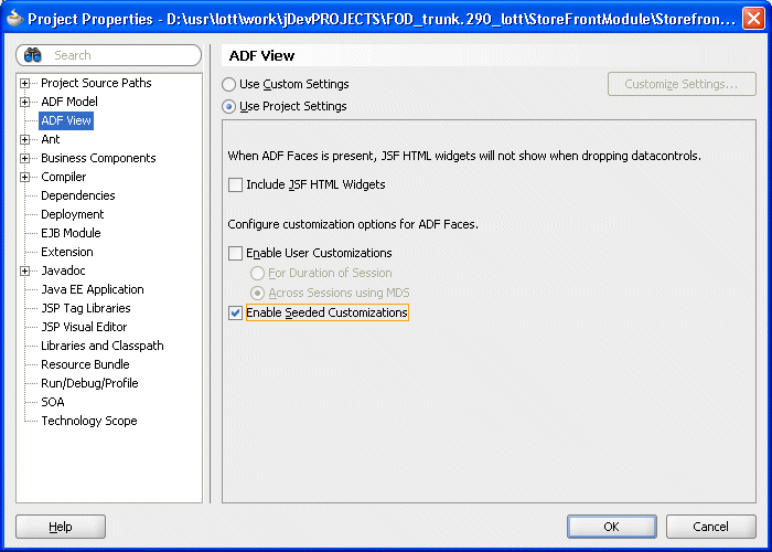 Project Properties dialog with seeded customizations enabled