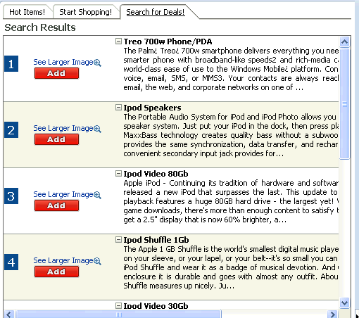 Query results table