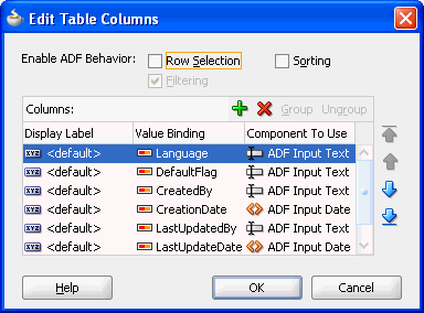 Edit table columns dialog for filtered table.