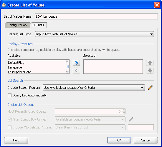 LOV dialog UI hints tab.