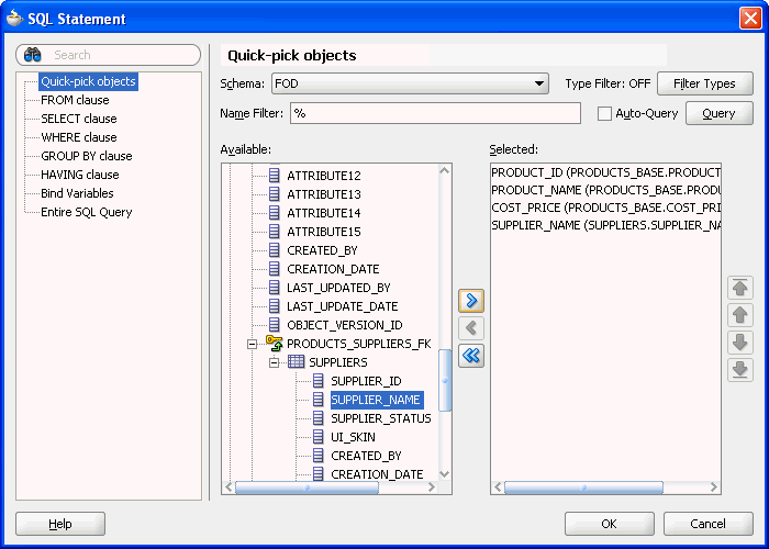 Image of SQL Statement page of View Object Query Builder