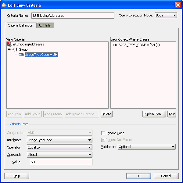 View Criteria Editor Control Hints tab