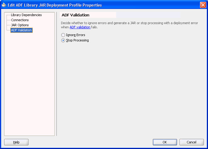 ADF Deployment Profile ADF Validation tab