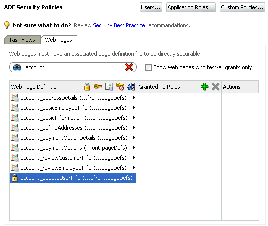 Searching for a web page in ADF policy editor